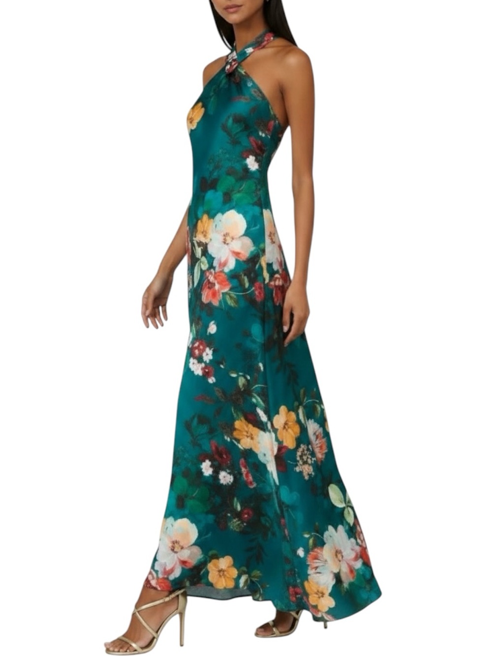 Adrianna Papell Teal Floral Halter-Style Maxi Dress